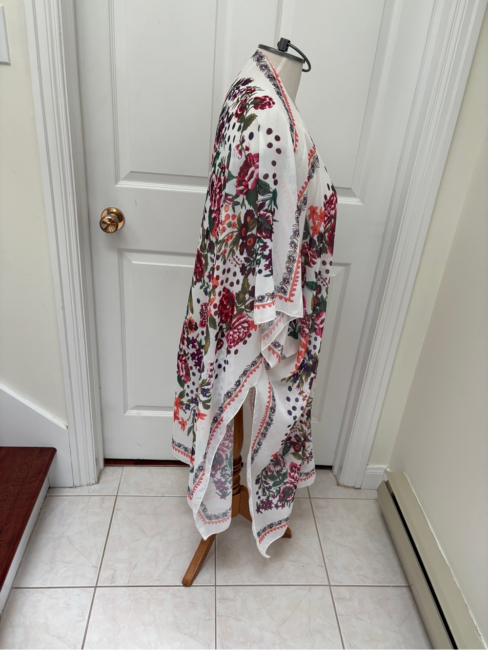 Floral Polka Dot Open-Front Kimono- White with Pink & Green - Picture 7 of 9